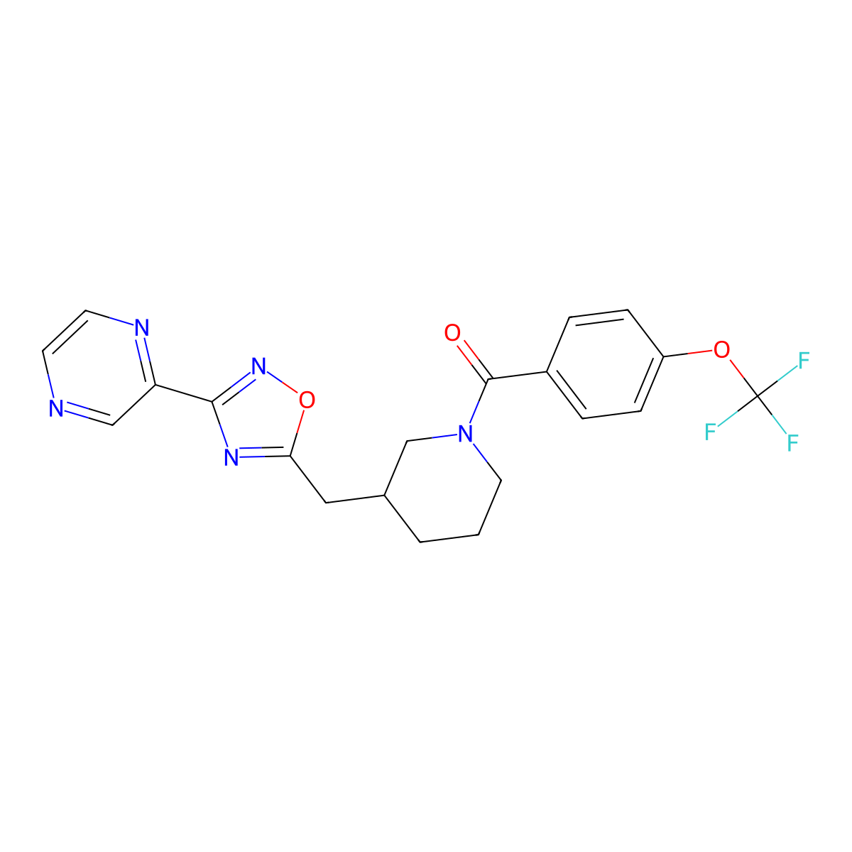 (3-((3-(Pyrazin-2-yl)-1,2,4-oxadiazol-5-yl)methyl)piperidin-1-yl)(4-(trifluoromethoxy)phenyl)methanone molecular structure, CAS 1705071-25-5