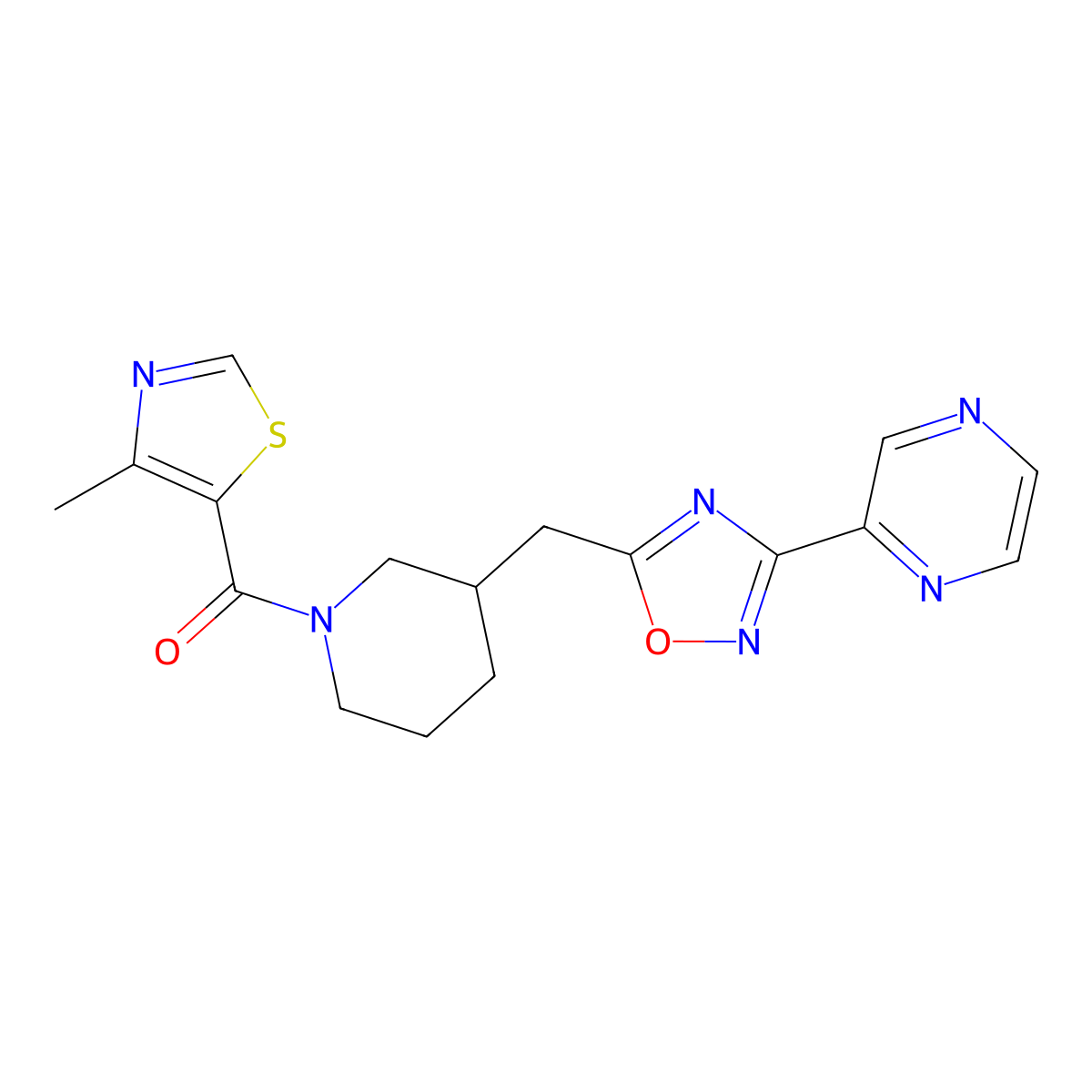 (4-Methylthiazol-5-yl)(3-((3-(pyrazin-2-yl)-1,2,4-oxadiazol-5-yl)methyl)piperidin-1-yl)methanone molecular structure, CAS 1705071-45-9