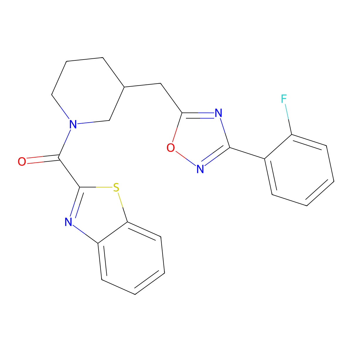Benzo[d]thiazol-2-yl(3-((3-(2-fluorophenyl)-1,2,4-oxadiazol-5-yl)methyl)piperidin-1-yl)methanone molecular structure, CAS 1705071-65-3