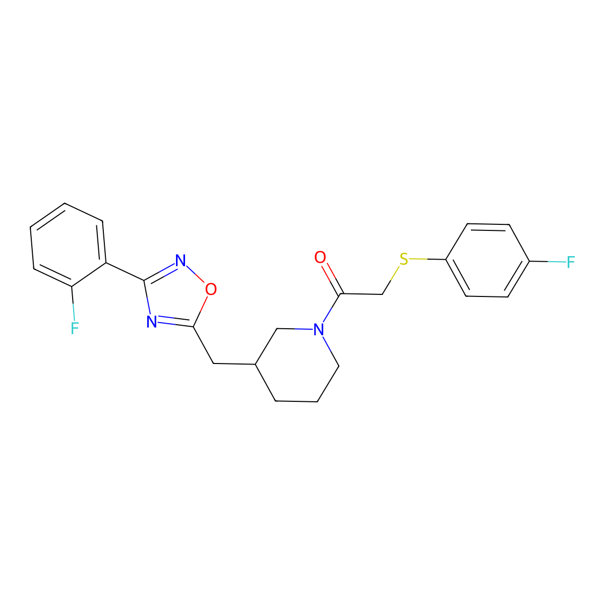 1-(3-((3-(2-Fluorophenyl)-1,2,4-oxadiazol-5-yl)methyl)piperidin-1-yl)-2-((4-fluorophenyl)thio)ethanone molecular structure, CAS 1705071-70-0
