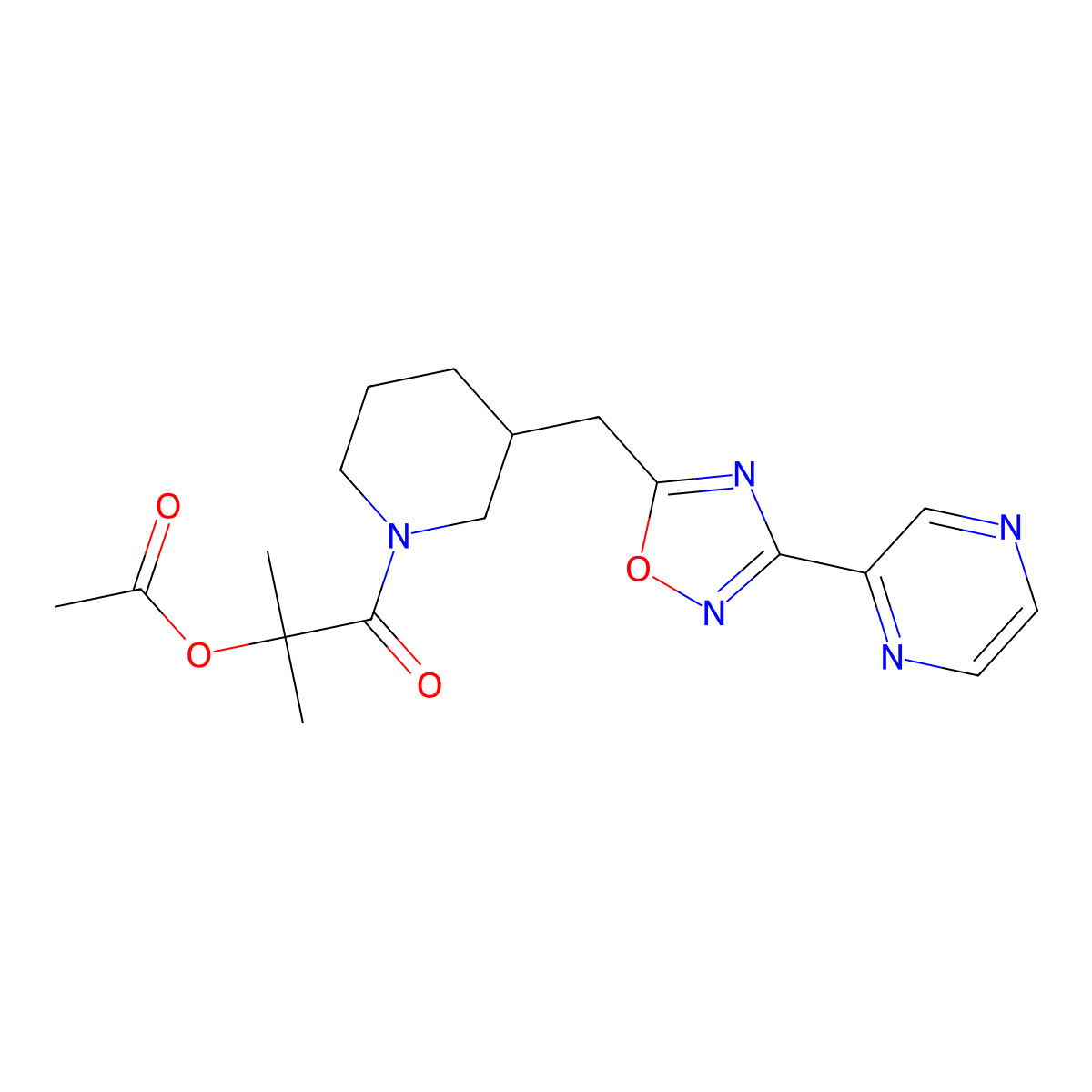 2-Methyl-1-oxo-1-(3-((3-(pyrazin-2-yl)-1,2,4-oxadiazol-5-yl)methyl)piperidin-1-yl)propan-2-yl acetate molecular structure, CAS 1705071-77-7