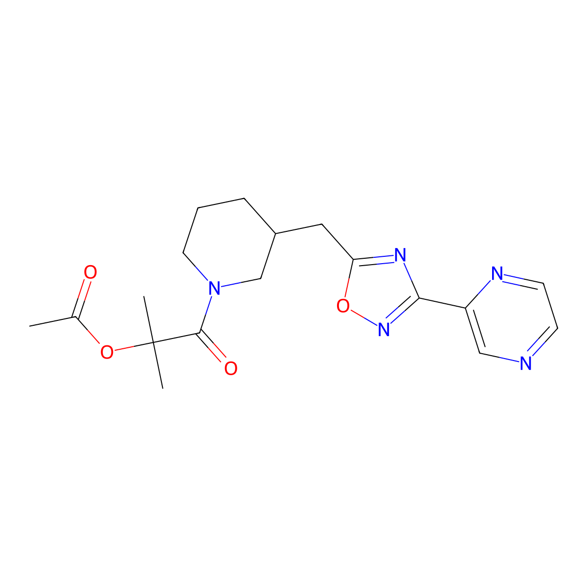 2-Methyl-1-oxo-1-(3-((3-(pyrazin-2-yl)-1,2,4-oxadiazol-5-yl)methyl)piperidin-1-yl)propan-2-yl acetate molecular structure, CAS 1705071-77-7