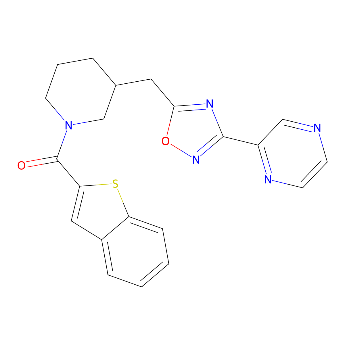 Benzo[b]thiophen-2-yl(3-((3-(pyrazin-2-yl)-1,2,4-oxadiazol-5-yl)methyl)piperidin-1-yl)methanone molecular structure, CAS 1705071-90-4