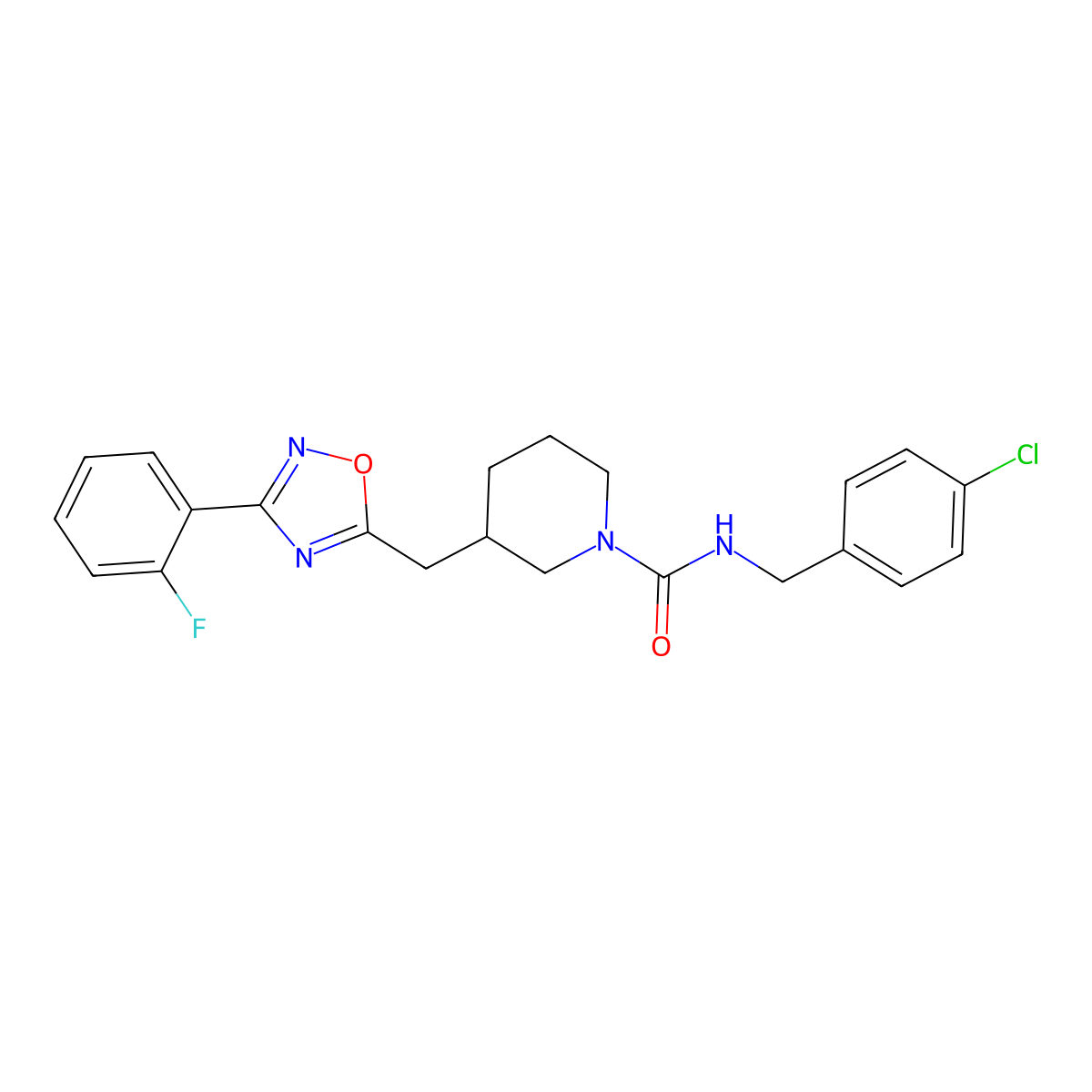 N-(4-chlorobenzyl)-3-((3-(2-fluorophenyl)-1,2,4-oxadiazol-5-yl)methyl)piperidine-1-carboxamide molecular structure, CAS 1705071-93-7