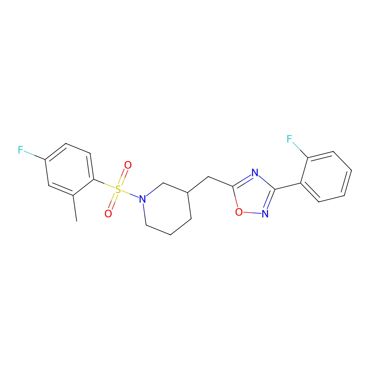 5-((1-((4-Fluoro-2-methylphenyl)sulfonyl)piperidin-3-yl)methyl)-3-(2-fluorophenyl)-1,2,4-oxadiazole molecular structure, CAS 1705072-77-0