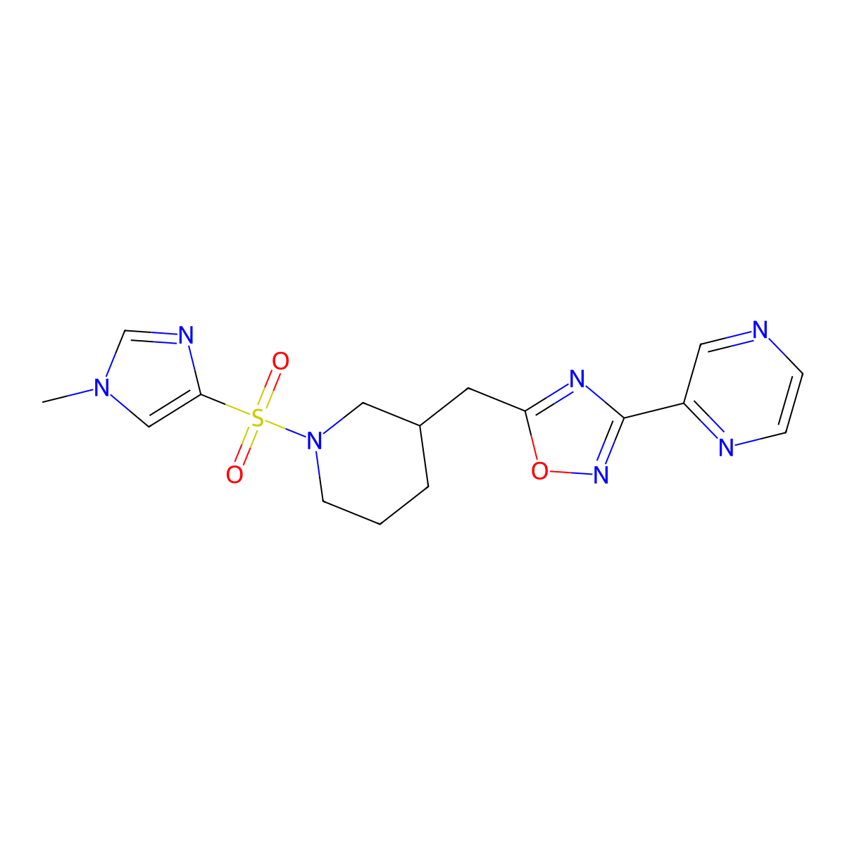 5-((1-((1-methyl-1H-imidazol-4-yl)sulfonyl)piperidin-3-yl)methyl)-3-(pyrazin-2-yl)-1,2,4-oxadiazole molecular structure, CAS 1705073-10-4