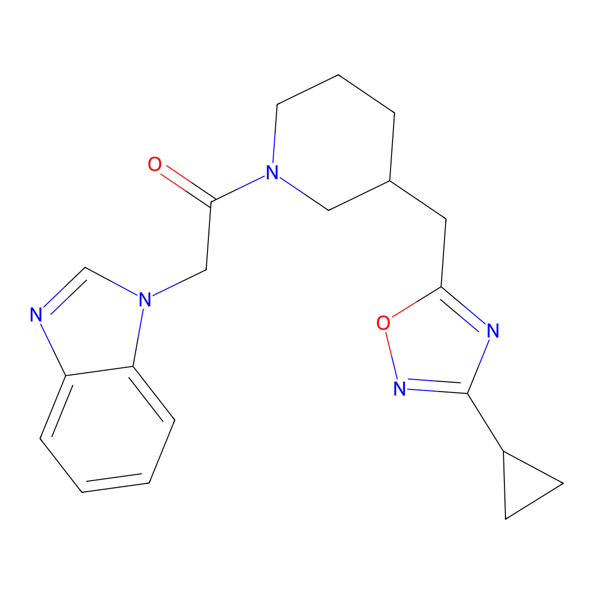 2-(1H-benzo[d]imidazol-1-yl)-1-(3-((3-cyclopropyl-1,2,4-oxadiazol-5-yl)methyl)piperidin-1-yl)ethanone molecular structure, CAS 1705073-11-5