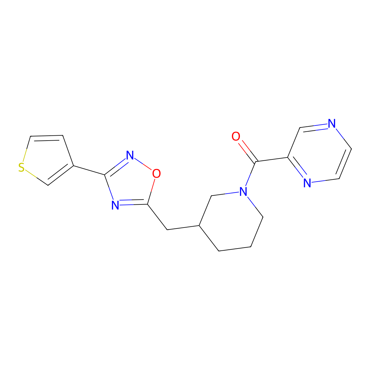 Pyrazin-2-yl(3-((3-(thiophen-3-yl)-1,2,4-oxadiazol-5-yl)methyl)piperidin-1-yl)methanone molecular structure, CAS 1705073-76-2