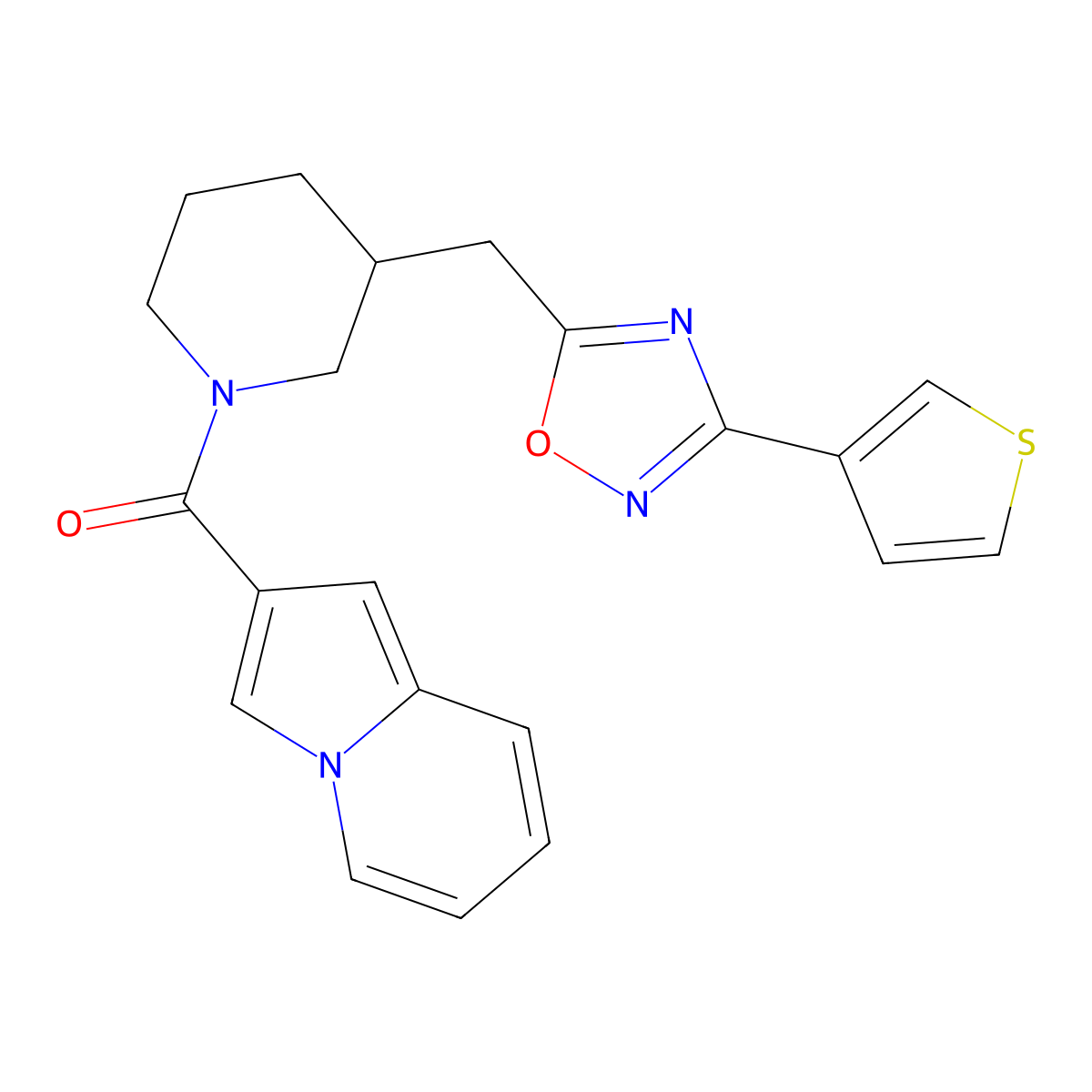 Indolizin-2-yl(3-((3-(thiophen-3-yl)-1,2,4-oxadiazol-5-yl)methyl)piperidin-1-yl)methanone molecular structure, CAS 1705073-98-8