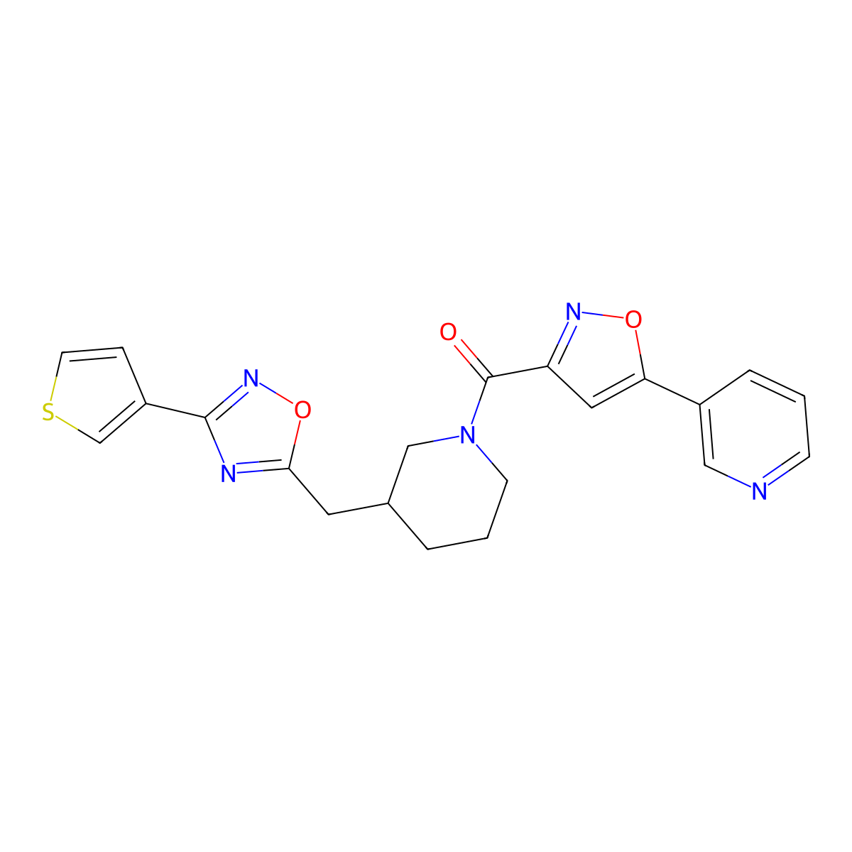 (5-(Pyridin-3-yl)isoxazol-3-yl)(3-((3-(thiophen-3-yl)-1,2,4-oxadiazol-5-yl)methyl)piperidin-1-yl)methanone molecular structure, CAS 1705074-06-1