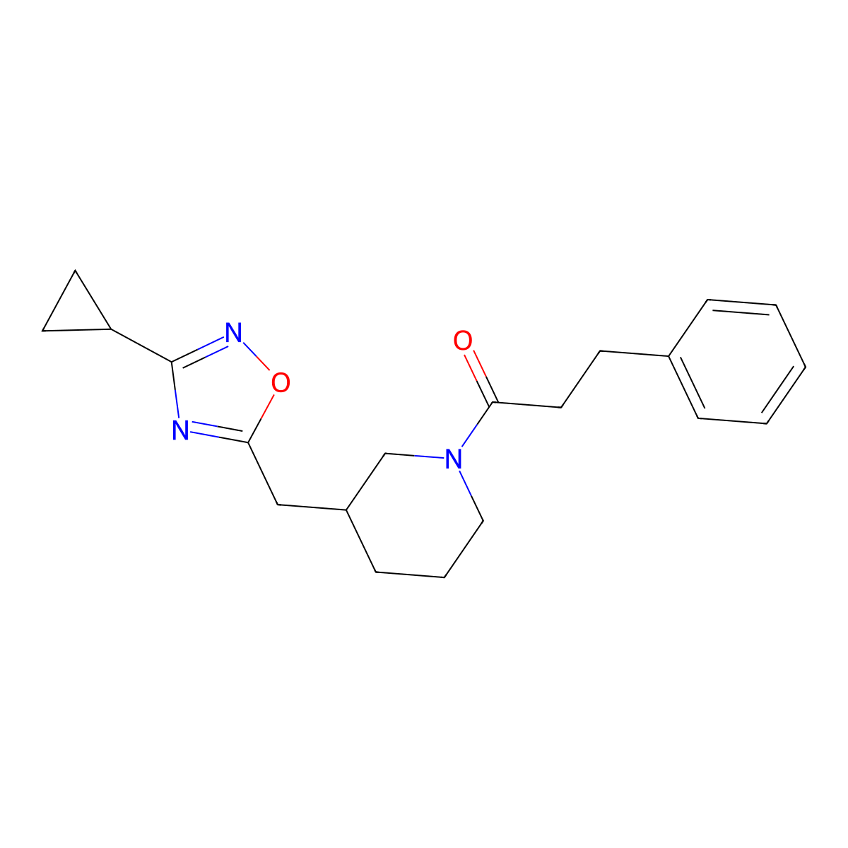 1-{3-[(3-Cyclopropyl-1,2,4-oxadiazol-5-yl)methyl]piperidin-1-yl}-3-phenylpropan-1-one molecular structure, CAS 1705074-47-0