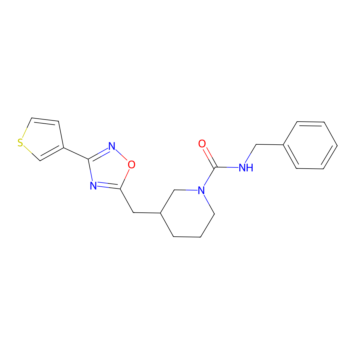 N-benzyl-3-((3-(thiophen-3-yl)-1,2,4-oxadiazol-5-yl)methyl)piperidine-1-carboxamide molecular structure, CAS 1705074-56-1