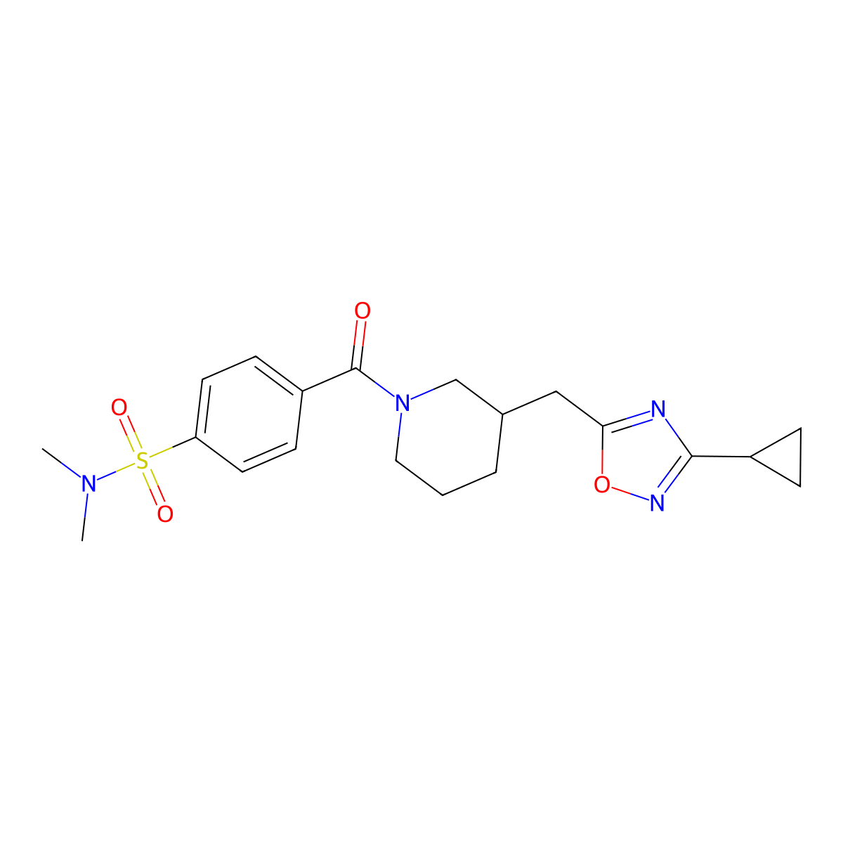 4-(3-((3-cyclopropyl-1,2,4-oxadiazol-5-yl)methyl)piperidine-1-carbonyl)-N,N-dimethylbenzenesulfonamide molecular structure, CAS 1705074-62-9