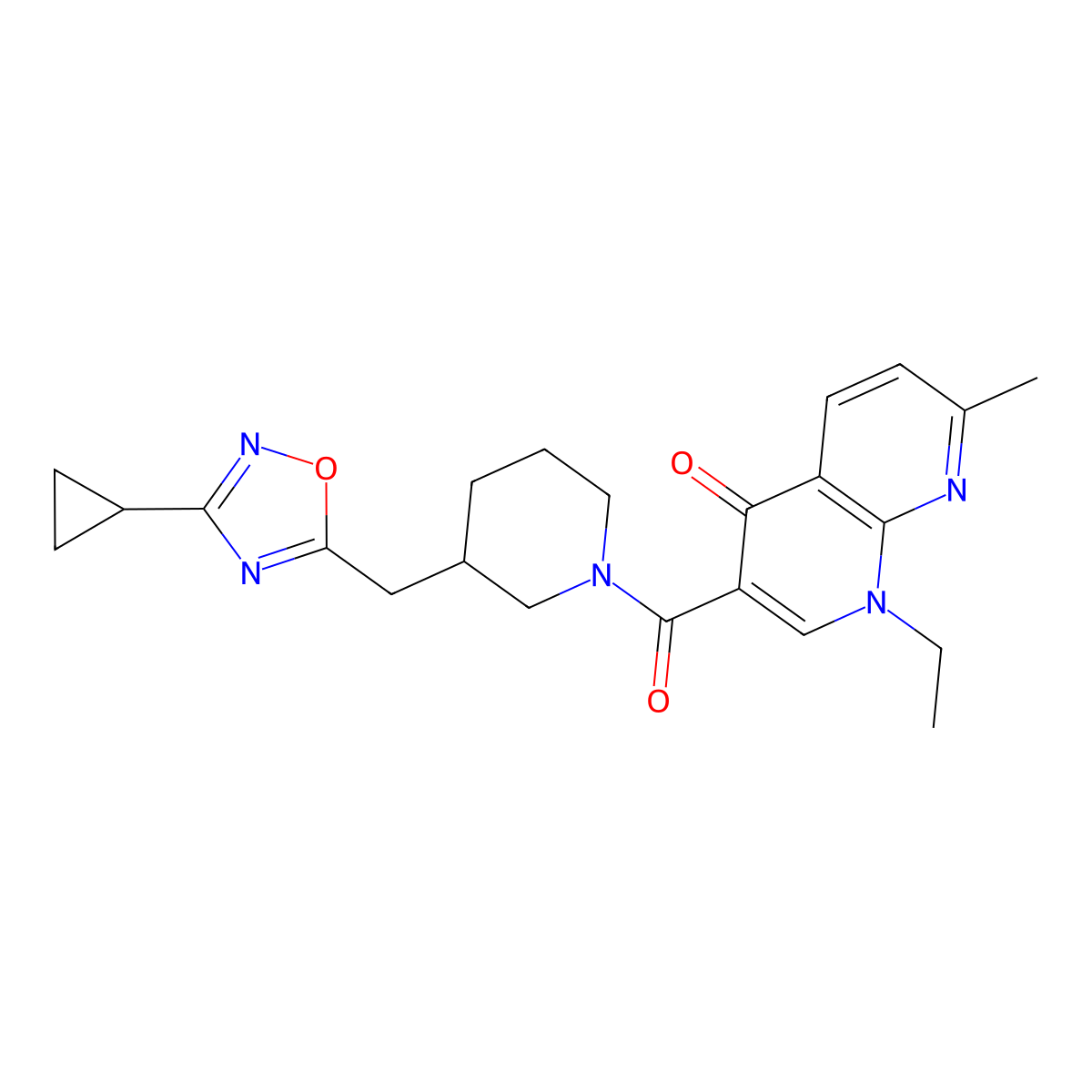 3-(3-((3-cyclopropyl-1,2,4-oxadiazol-5-yl)methyl)piperidine-1-carbonyl)-1-ethyl-7-methyl-1,8-naphthyridin-4(1H)-one molecular structure, CAS 1705075-11-1