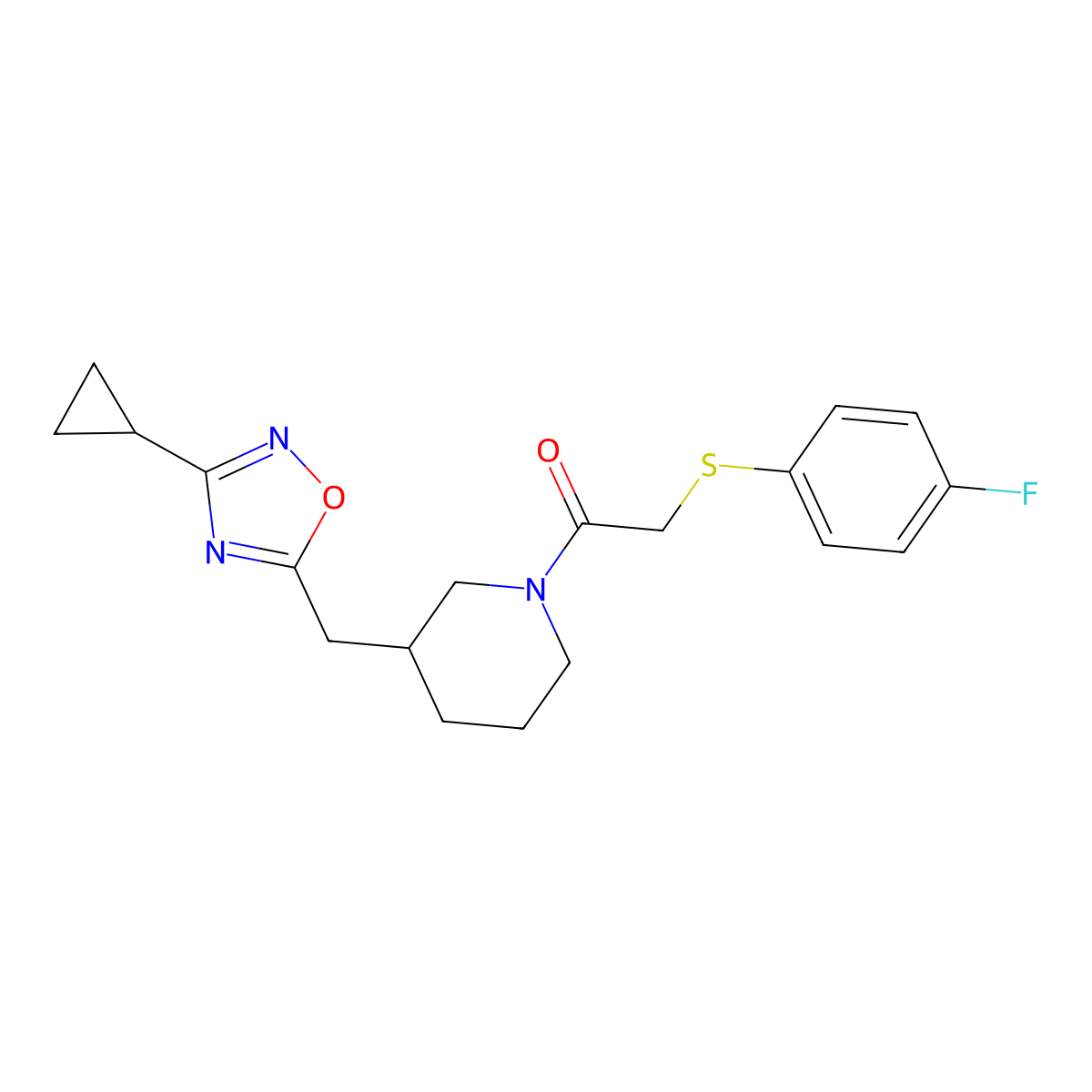 1-(3-((3-Cyclopropyl-1,2,4-oxadiazol-5-yl)methyl)piperidin-1-yl)-2-((4-fluorophenyl)thio)ethanone molecular structure, CAS 1705075-30-4