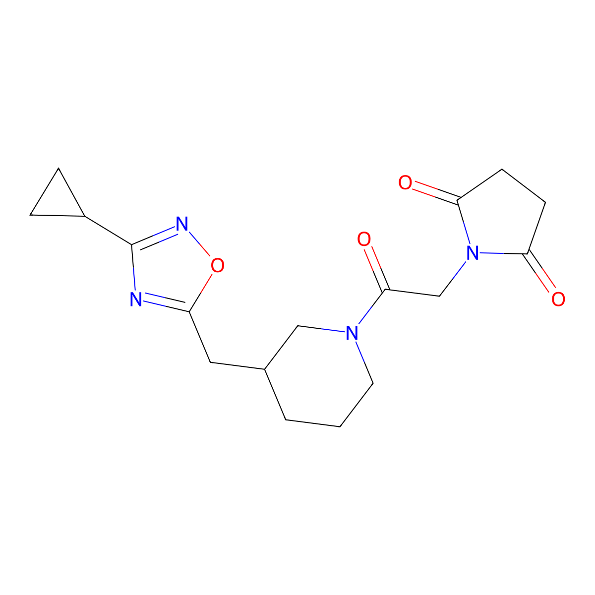 1-(2-{3-[(3-Cyclopropyl-1,2,4-oxadiazol-5-yl)methyl]piperidin-1-yl}-2-oxoethyl)pyrrolidine-2,5-dione molecular structure, CAS 1705075-37-1