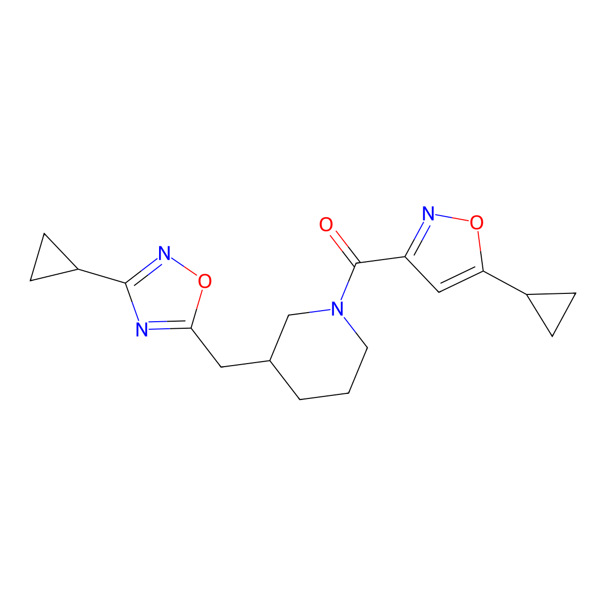 (3-((3-Cyclopropyl-1,2,4-oxadiazol-5-yl)methyl)piperidin-1-yl)(5-cyclopropylisoxazol-3-yl)methanone molecular structure, CAS 1705075-62-2