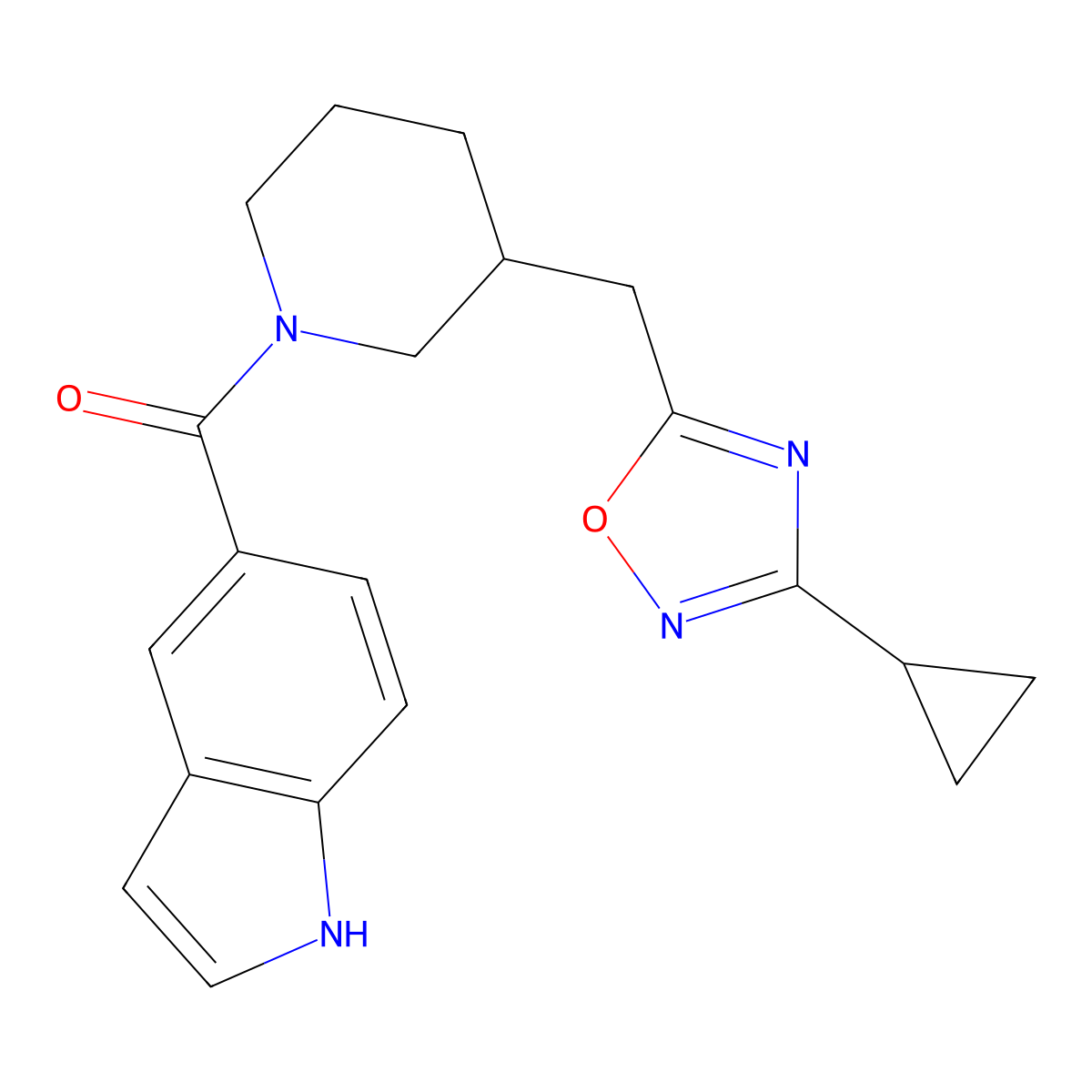 (3-((3-cyclopropyl-1,2,4-oxadiazol-5-yl)methyl)piperidin-1-yl)(1H-indol-5-yl)methanone molecular structure, CAS 1705075-82-6