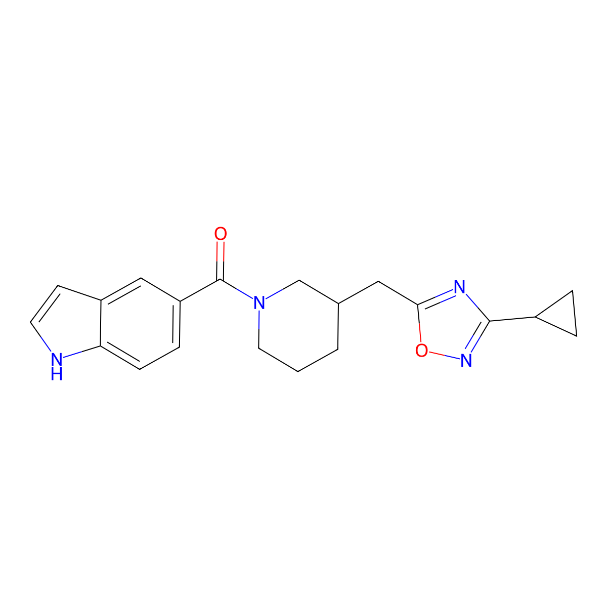 (3-((3-cyclopropyl-1,2,4-oxadiazol-5-yl)methyl)piperidin-1-yl)(1H-indol-5-yl)methanone molecular structure, CAS 1705075-82-6