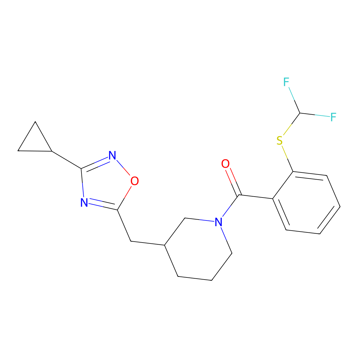 (3-((3-Cyclopropyl-1,2,4-oxadiazol-5-yl)methyl)piperidin-1-yl)(2-((difluoromethyl)thio)phenyl)methanone molecular structure, CAS 1705075-91-7