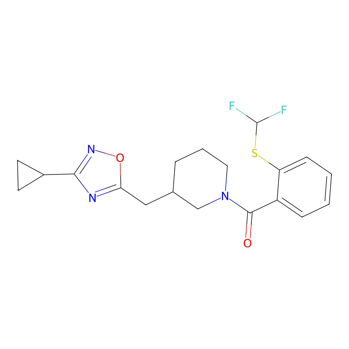 (3-((3-Cyclopropyl-1,2,4-oxadiazol-5-yl)methyl)piperidin-1-yl)(2-((difluoromethyl)thio)phenyl)methanone molecular structure, CAS 1705075-91-7