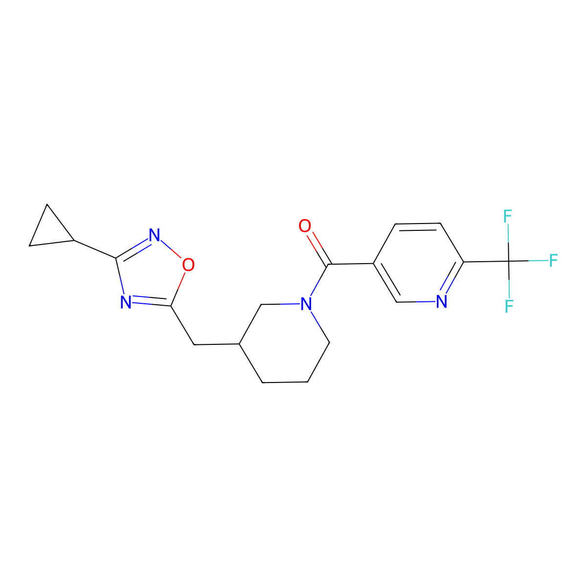 (3-((3-Cyclopropyl-1,2,4-oxadiazol-5-yl)methyl)piperidin-1-yl)(6-(trifluoromethyl)pyridin-3-yl)methanone molecular structure, CAS 1705076-01-2