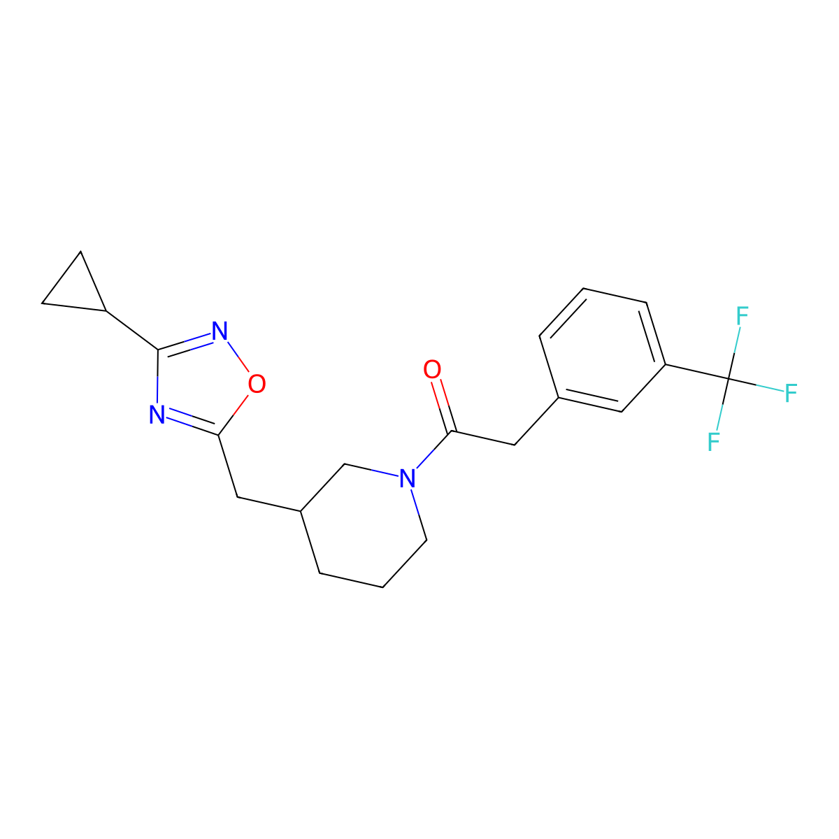 1-(3-((3-Cyclopropyl-1,2,4-oxadiazol-5-yl)methyl)piperidin-1-yl)-2-(3-(trifluoromethyl)phenyl)ethanone molecular structure, CAS 1705076-07-8