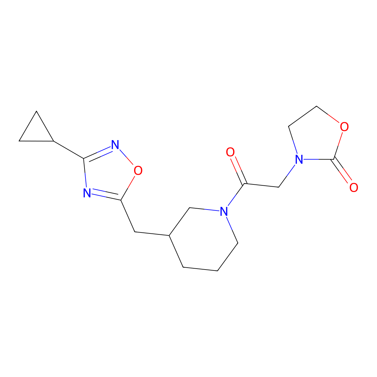 3-(2-(3-((3-Cyclopropyl-1,2,4-oxadiazol-5-yl)methyl)piperidin-1-yl)-2-oxoethyl)oxazolidin-2-one molecular structure, CAS 1705076-42-1