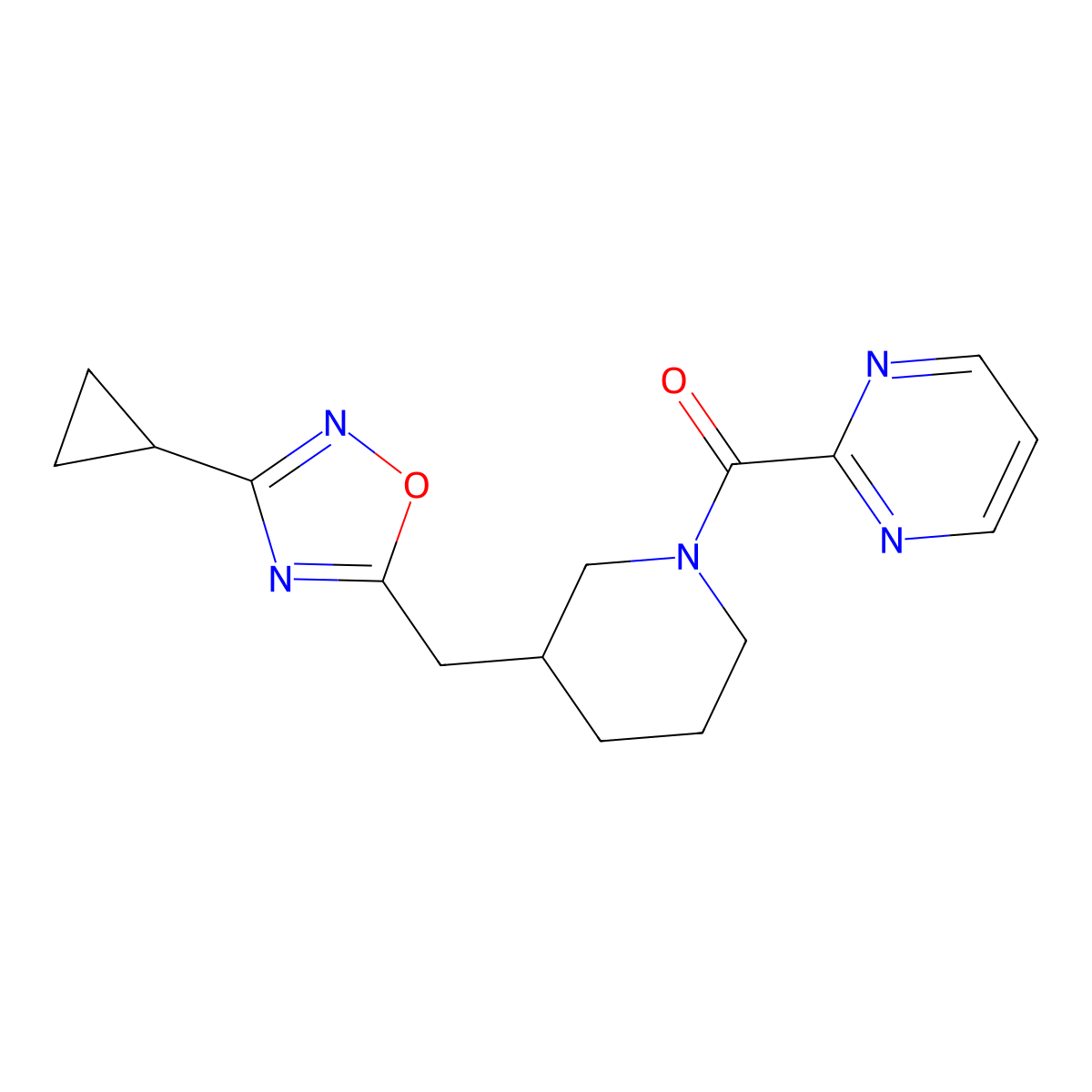 (3-((3-Cyclopropyl-1,2,4-oxadiazol-5-yl)methyl)piperidin-1-yl)(pyrimidin-2-yl)methanone molecular structure, CAS 1705076-48-7