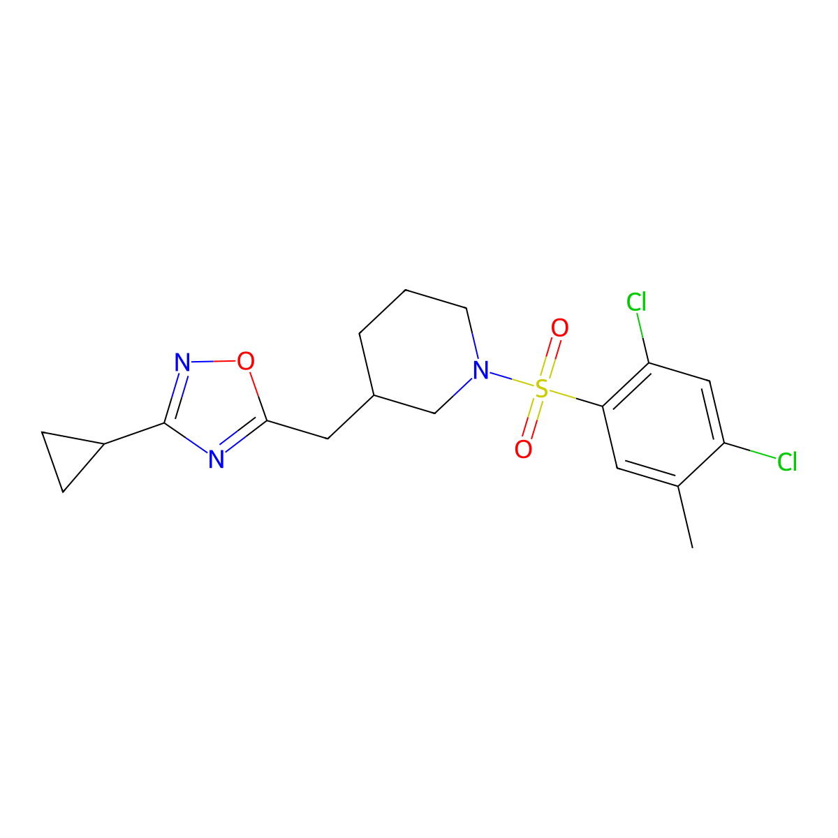 3-Cyclopropyl-5-((1-((2,4-dichloro-5-methylphenyl)sulfonyl)piperidin-3-yl)methyl)-1,2,4-oxadiazole molecular structure, CAS 1705077-09-3