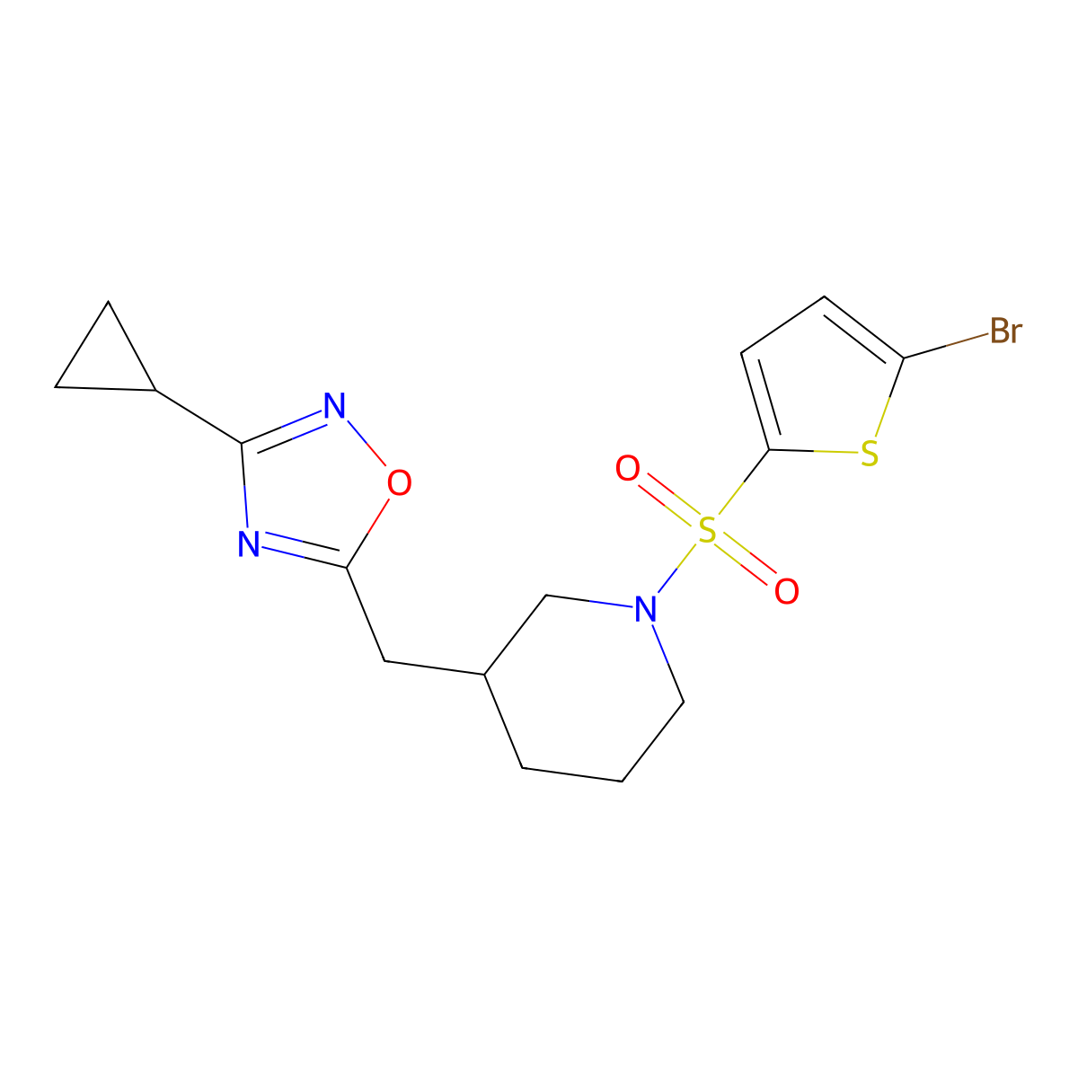 5-((1-((5-Bromothiophen-2-yl)sulfonyl)piperidin-3-yl)methyl)-3-cyclopropyl-1,2,4-oxadiazole molecular structure, CAS 1705077-15-1