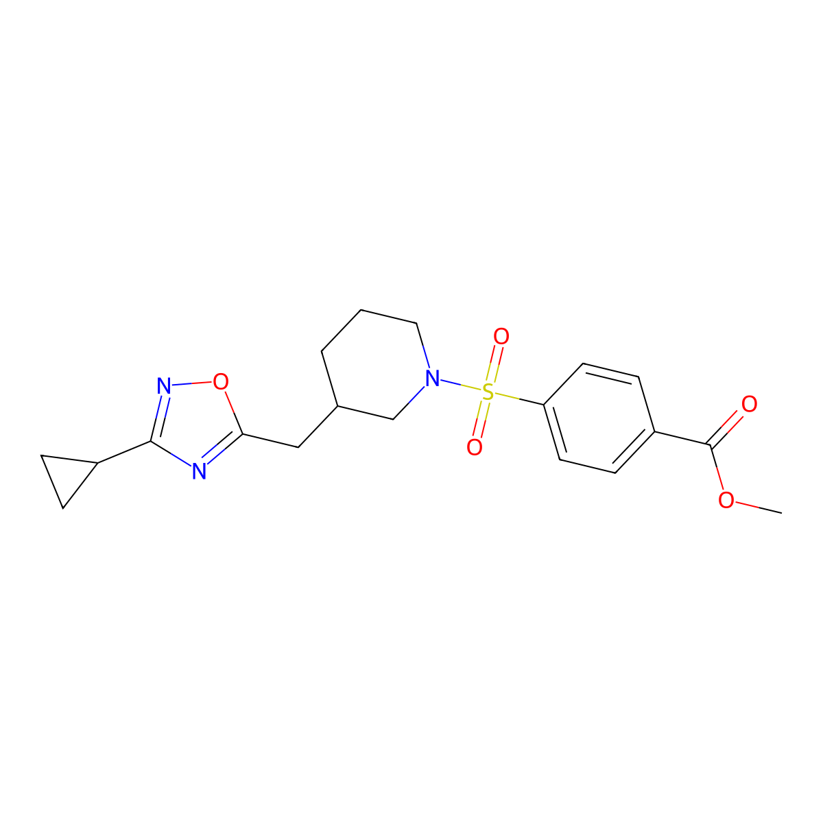 Methyl 4-({3-[(3-cyclopropyl-1,2,4-oxadiazol-5-yl)methyl]piperidin-1-yl}sulfonyl)benzoate molecular structure, CAS 1705077-19-5