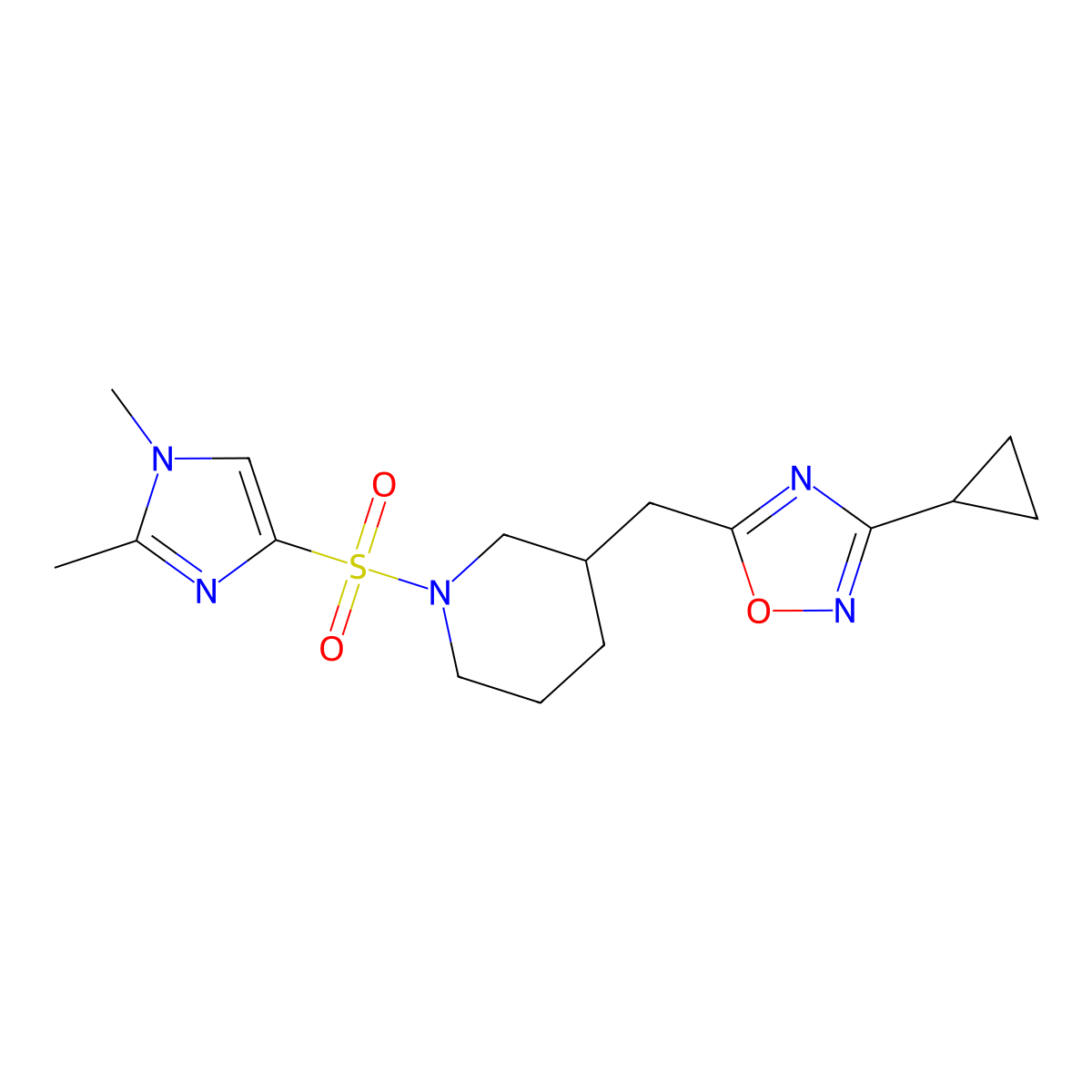 3-cyclopropyl-5-((1-((1,2-dimethyl-1H-imidazol-4-yl)sulfonyl)piperidin-3-yl)methyl)-1,2,4-oxadiazole molecular structure, CAS 1705077-31-1
