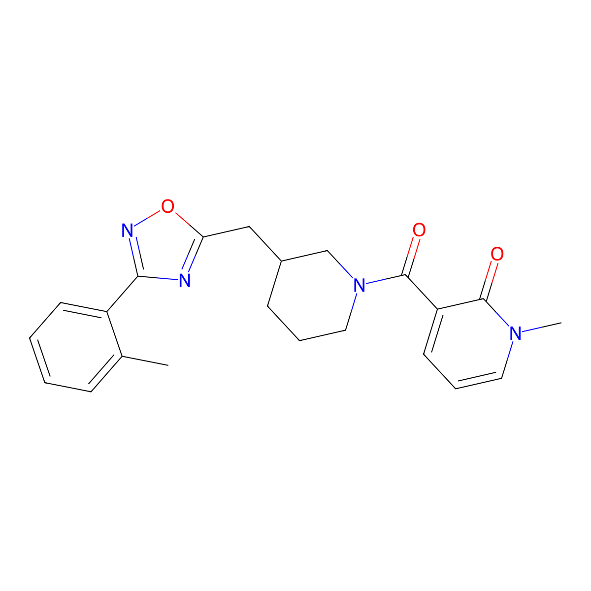 1-methyl-3-(3-((3-(o-tolyl)-1,2,4-oxadiazol-5-yl)methyl)piperidine-1-carbonyl)pyridin-2(1H)-one molecular structure, CAS 1705077-49-1
