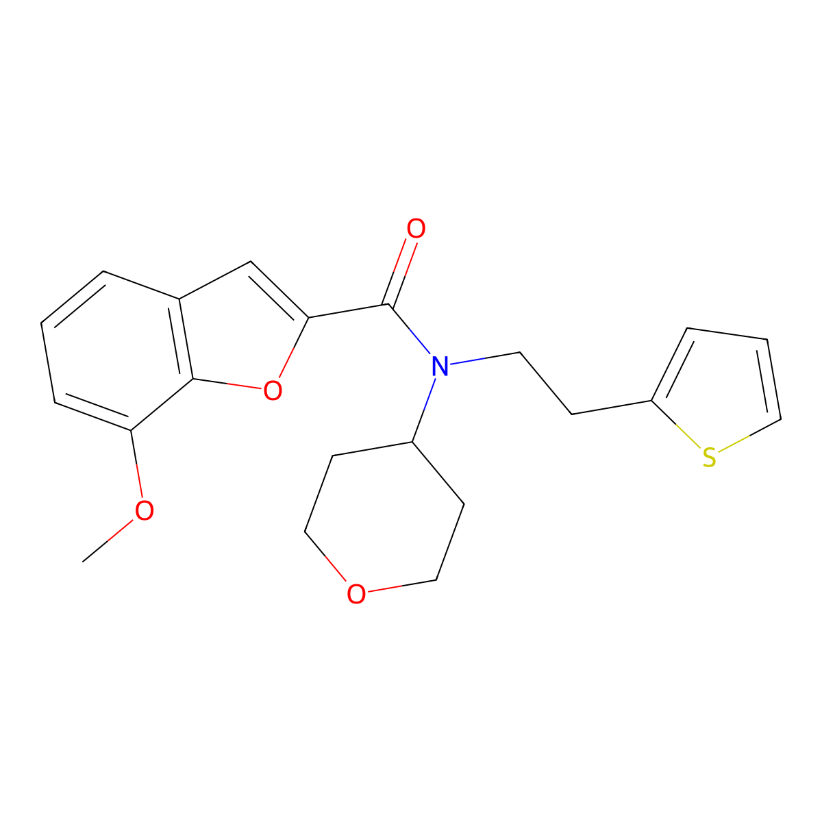 7-methoxy-N-(tetrahydro-2H-pyran-4-yl)-N-(2-(thiophen-2-yl)ethyl)benzofuran-2-carboxamide molecular structure, CAS 1705085-01-3