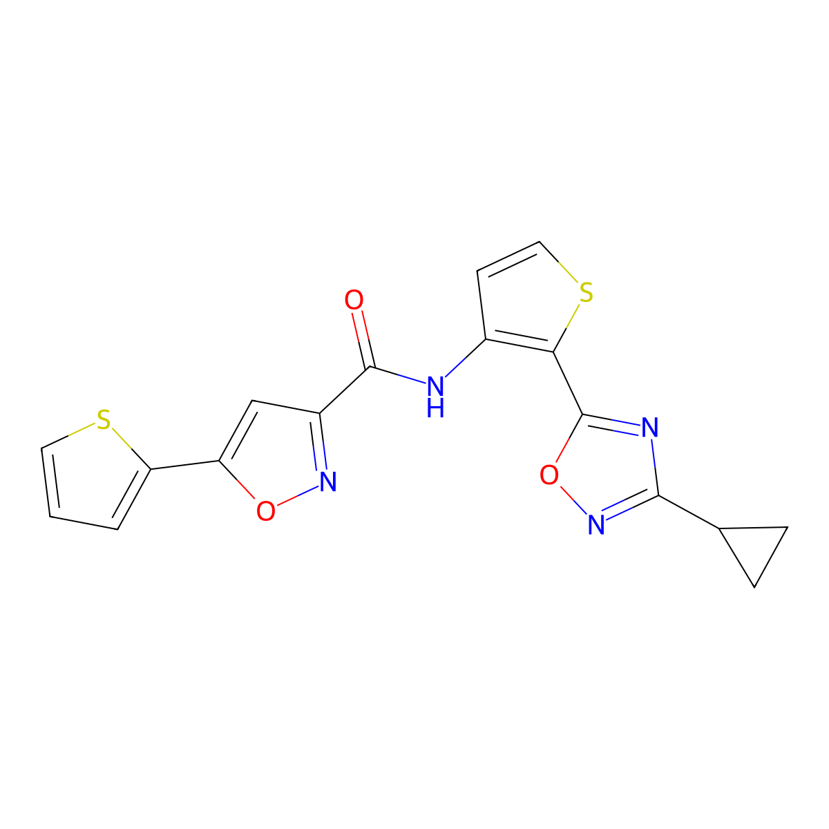 N-(2-(3-cyclopropyl-1,2,4-oxadiazol-5-yl)thiophen-3-yl)-5-(thiophen-2-yl)isoxazole-3-carboxamide molecular structure, CAS 1705090-27-2