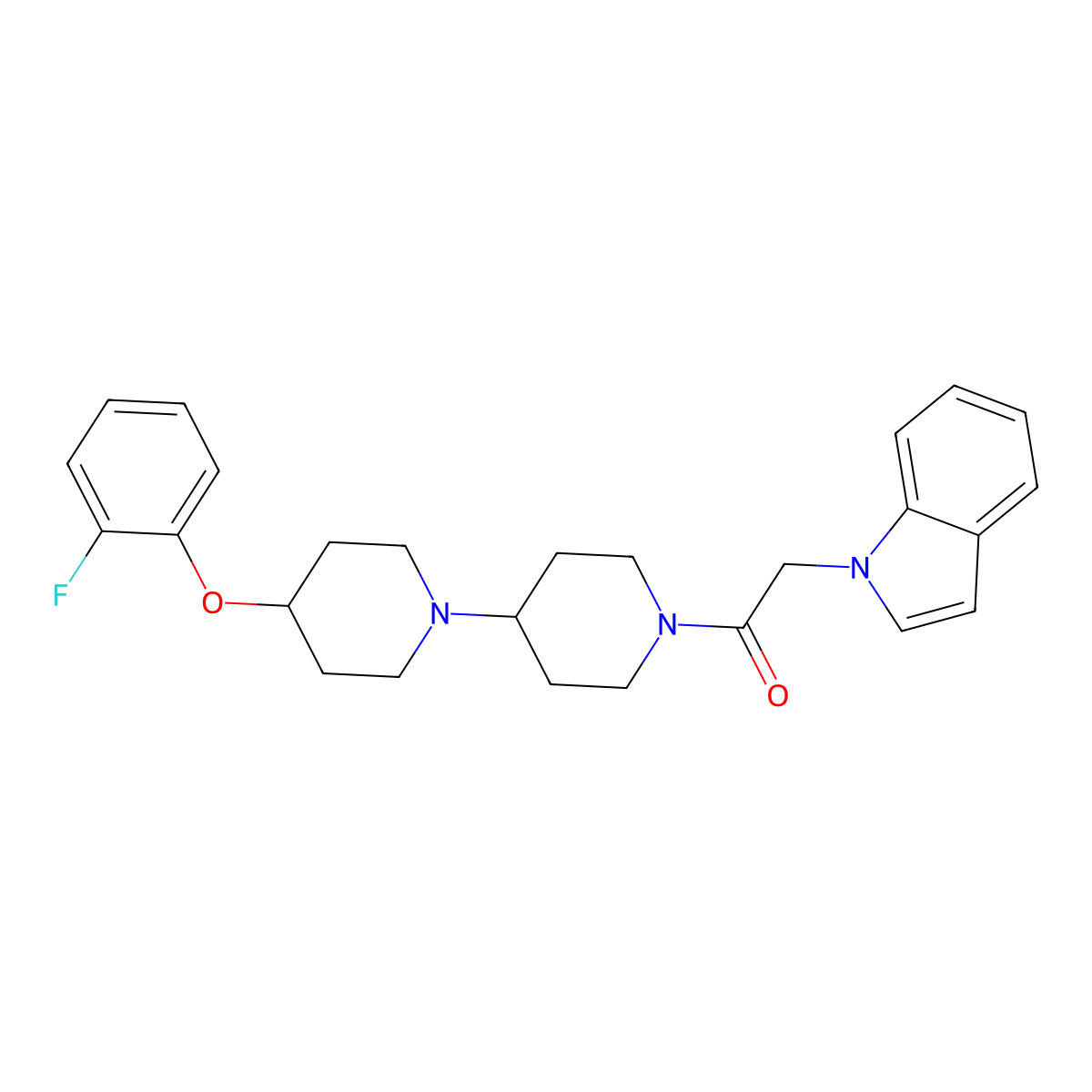 1-(4-(2-fluorophenoxy)-[1,4'-bipiperidin]-1'-yl)-2-(1H-indol-1-yl)ethan-1-one molecular structure, CAS 1705091-97-9