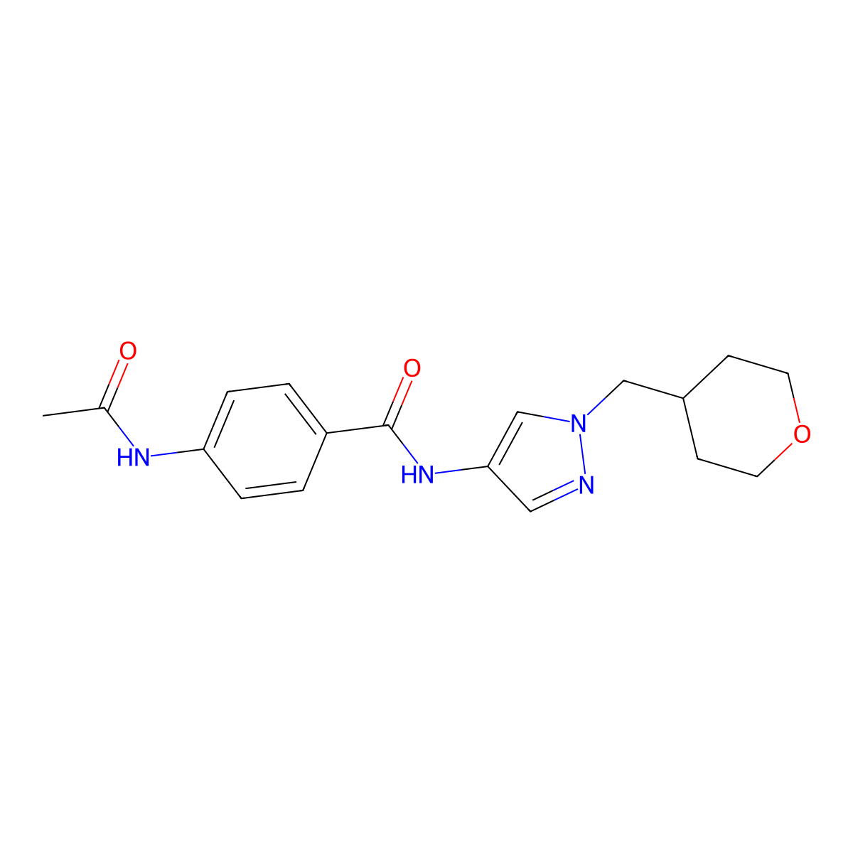 4-acetamido-N-(1-((tetrahydro-2H-pyran-4-yl)methyl)-1H-pyrazol-4-yl)benzamide molecular structure, CAS 1705096-55-4