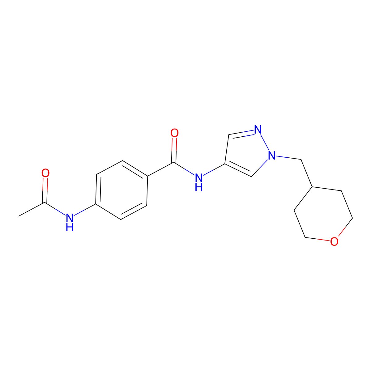 4-acetamido-N-(1-((tetrahydro-2H-pyran-4-yl)methyl)-1H-pyrazol-4-yl)benzamide molecular structure, CAS 1705096-55-4