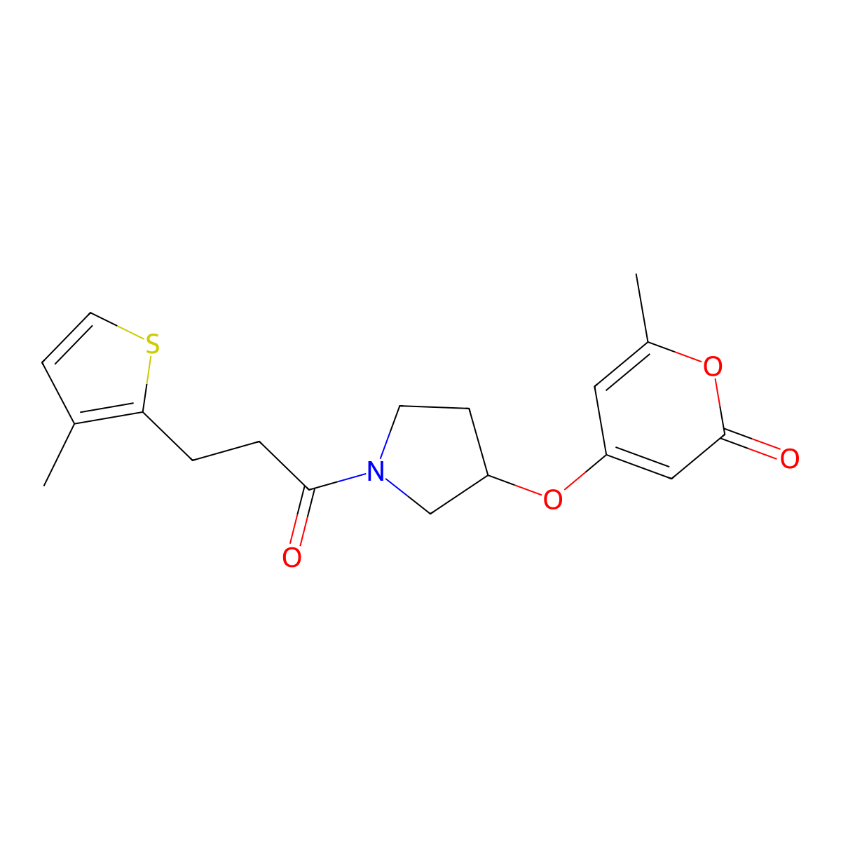 6-methyl-4-({1-[3-(3-methylthiophen-2-yl)propanoyl]pyrrolidin-3-yl}oxy)-2H-pyran-2-one molecular structure, CAS 1705096-58-7