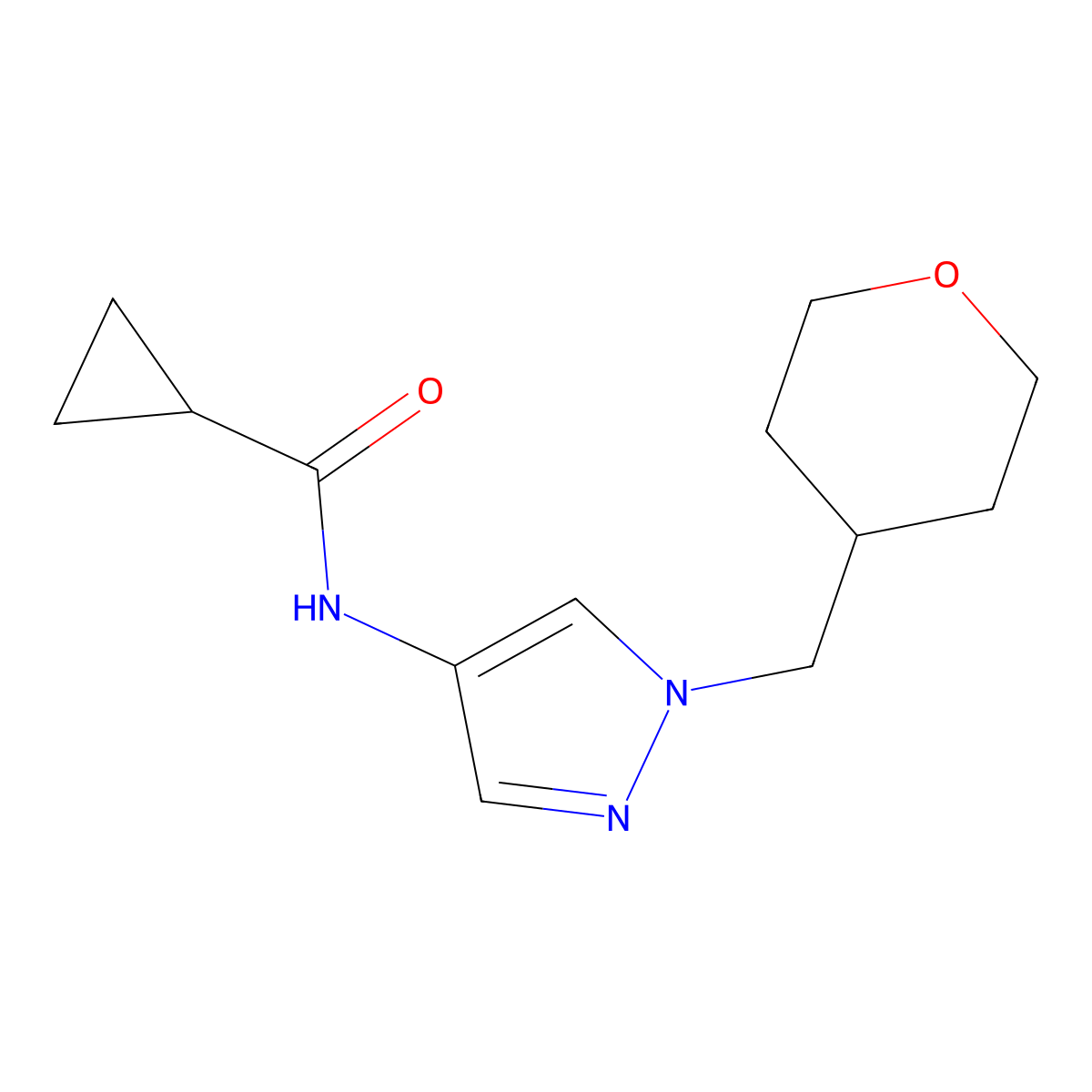 N-(1-((tetrahydro-2H-pyran-4-yl)methyl)-1H-pyrazol-4-yl)cyclopropanecarboxamide molecular structure, CAS 1705096-73-6