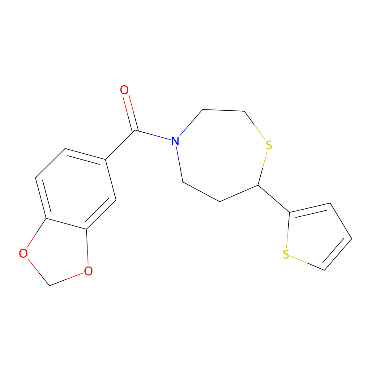 4-(2H-1,3-benzodioxole-5-carbonyl)-7-(thiophen-2-yl)-1,4-thiazepane molecular structure, CAS 1705096-76-9