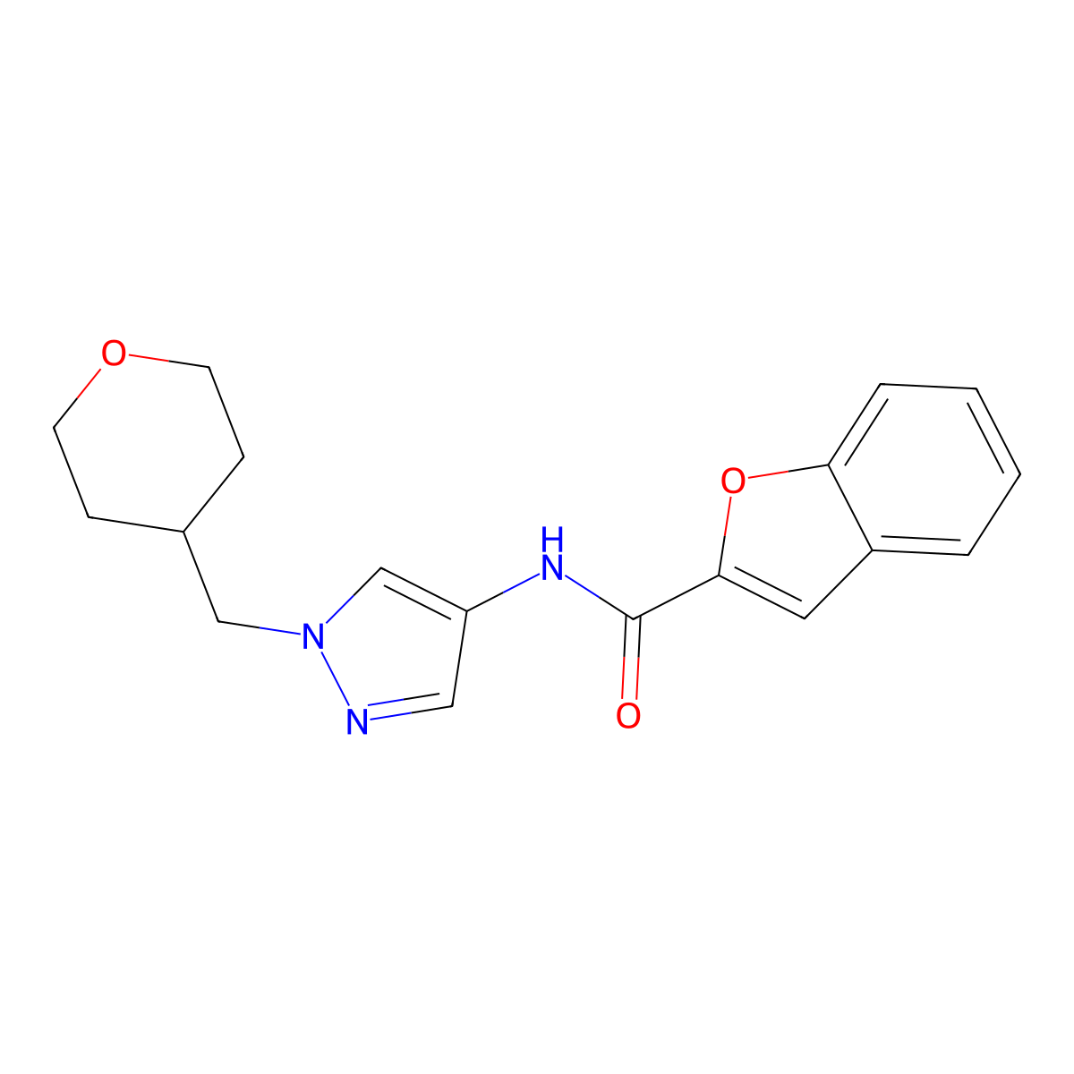 N-(1-((tetrahydro-2H-pyran-4-yl)methyl)-1H-pyrazol-4-yl)benzofuran-2-carboxamide molecular structure, CAS 1705097-28-4