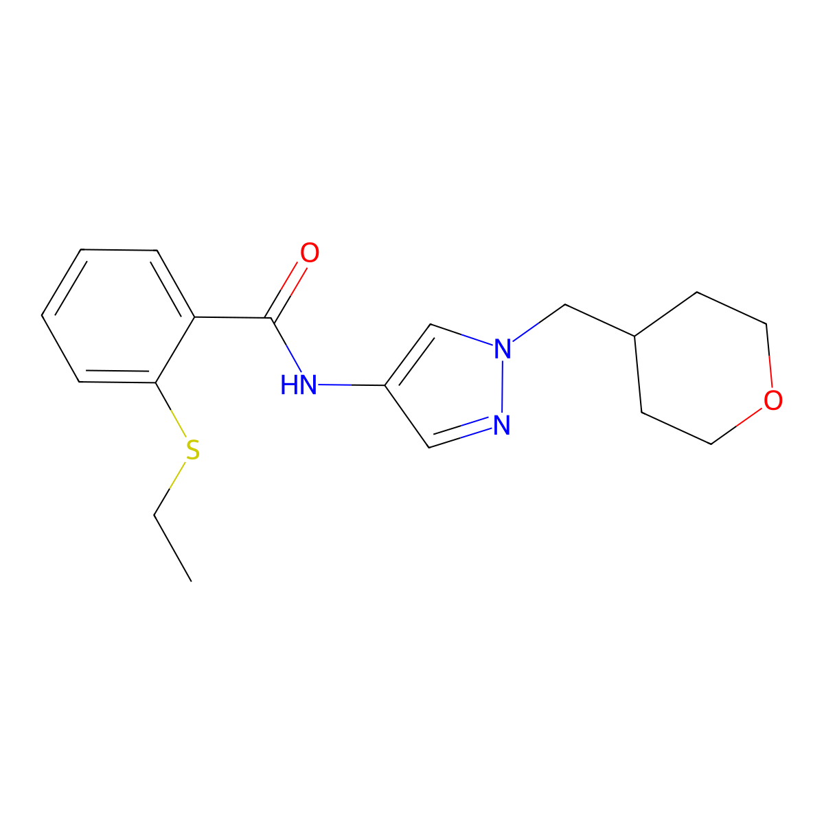 2-(ethylthio)-N-(1-((tetrahydro-2H-pyran-4-yl)methyl)-1H-pyrazol-4-yl)benzamide molecular structure, CAS 1705097-50-2