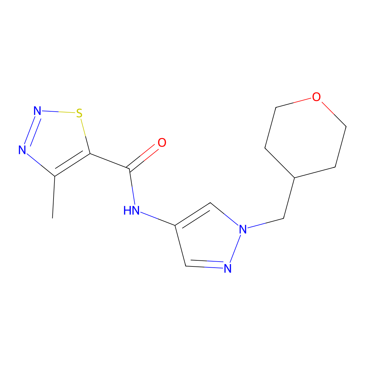 4-methyl-N-(1-((tetrahydro-2H-pyran-4-yl)methyl)-1H-pyrazol-4-yl)-1,2,3-thiadiazole-5-carboxamide molecular structure, CAS 1705097-60-4