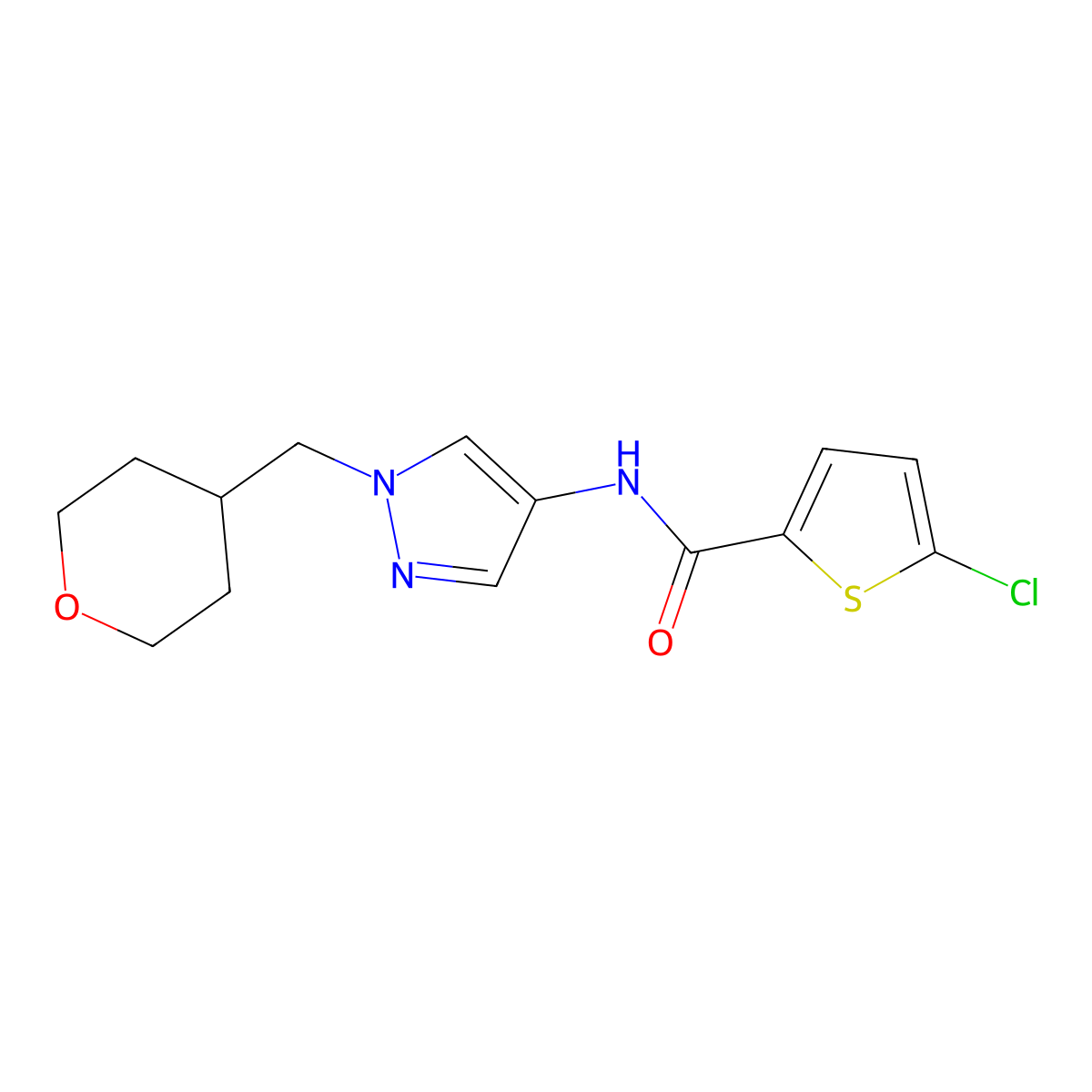 5-chloro-N-(1-((tetrahydro-2H-pyran-4-yl)methyl)-1H-pyrazol-4-yl)thiophene-2-carboxamide molecular structure, CAS 1705097-85-3