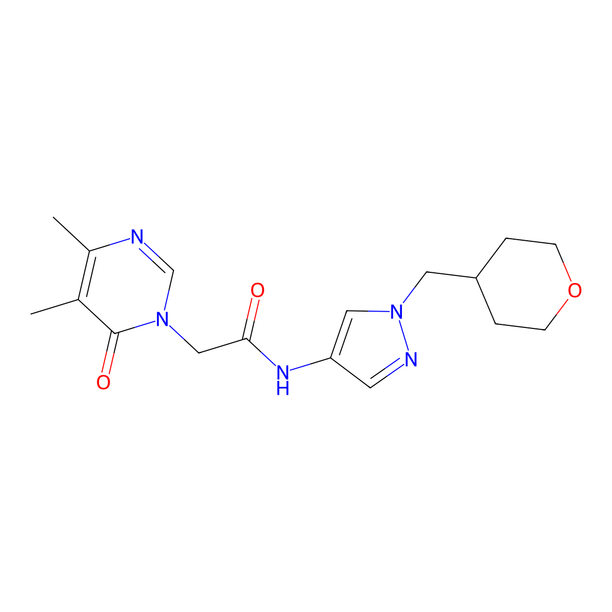 2-(4,5-dimethyl-6-oxopyrimidin-1(6H)-yl)-N-(1-((tetrahydro-2H-pyran-4-yl)methyl)-1H-pyrazol-4-yl)acetamide molecular structure, CAS 1705097-98-8