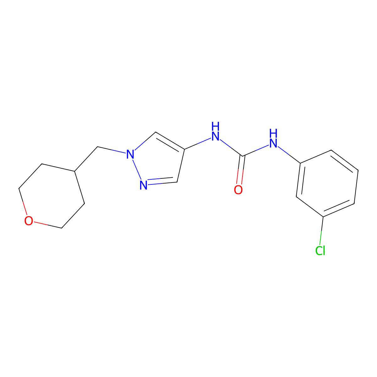 1-(3-chlorophenyl)-3-(1-((tetrahydro-2H-pyran-4-yl)methyl)-1H-pyrazol-4-yl)urea molecular structure, CAS 1705098-07-2
