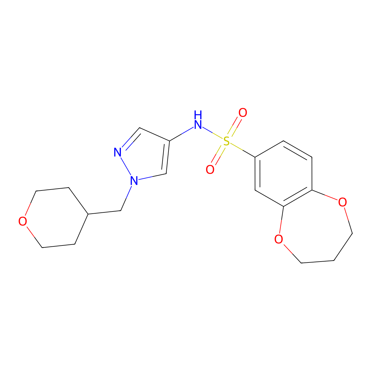N-(1-((tetrahydro-2H-pyran-4-yl)methyl)-1H-pyrazol-4-yl)-3,4-dihydro-2H-benzo[b][1,4]dioxepine-7-sulfonamide molecular structure, CAS 1705098-47-0