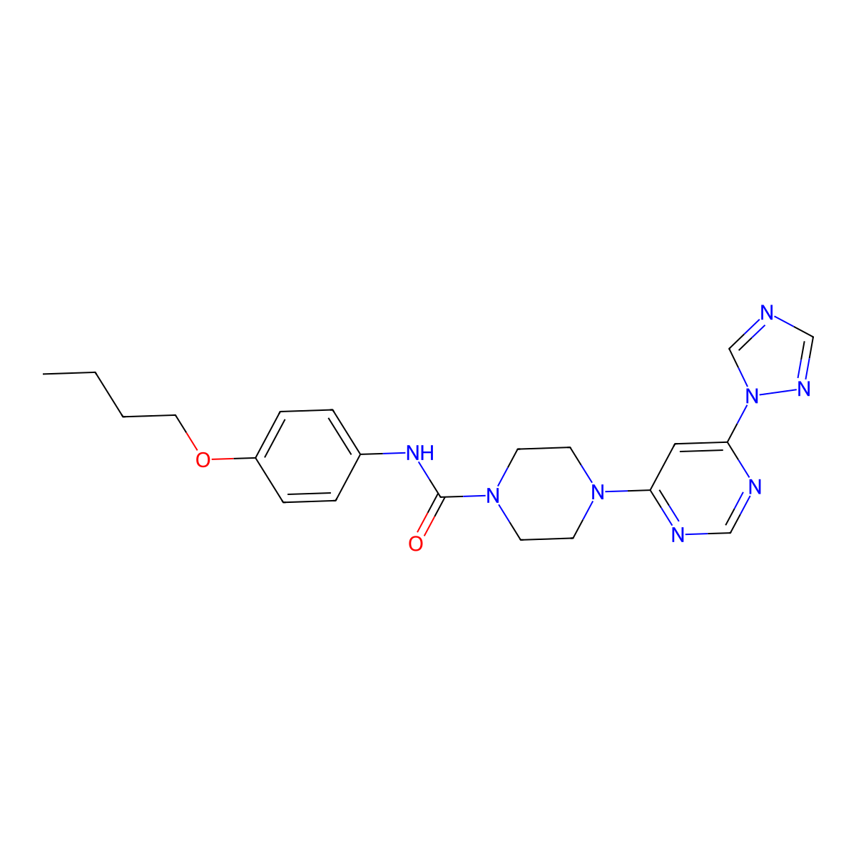 4-(6-(1H-1,2,4-triazol-1-yl)pyrimidin-4-yl)-N-(4-butoxyphenyl)piperazine-1-carboxamide molecular structure, CAS 1705099-27-9